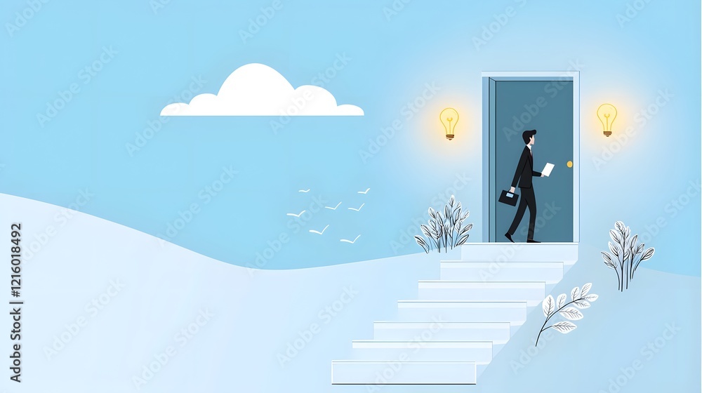Poster conceptual of a career growth staircase with business goals and opportunities leading to a glowing d