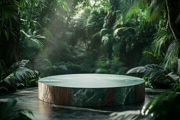 A circular stone platform is surrounded by lush, dense tropical foliage with various green leaves and some pink flowers, set in a misty, jungle-like environment.