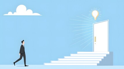 Businessman walking up a modern futuristic staircase leading to a bright open door symbolizing a career growth opportunity and the path to professional success  Concept of ambition innovation