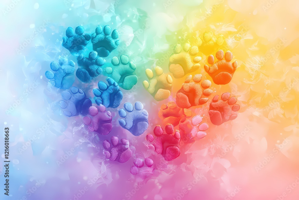 Poster colorful paw prints forming a heart shape on a soft gradient background with bokeh effect