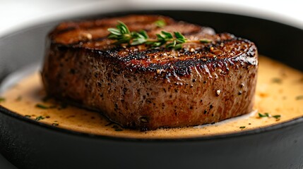 Grilled steak, creamy sauce, skillet, restaurant, food photography, menu