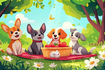 Fototapeta premium Four cute puppies having a picnic in the park with a basket of apples and a little white cat