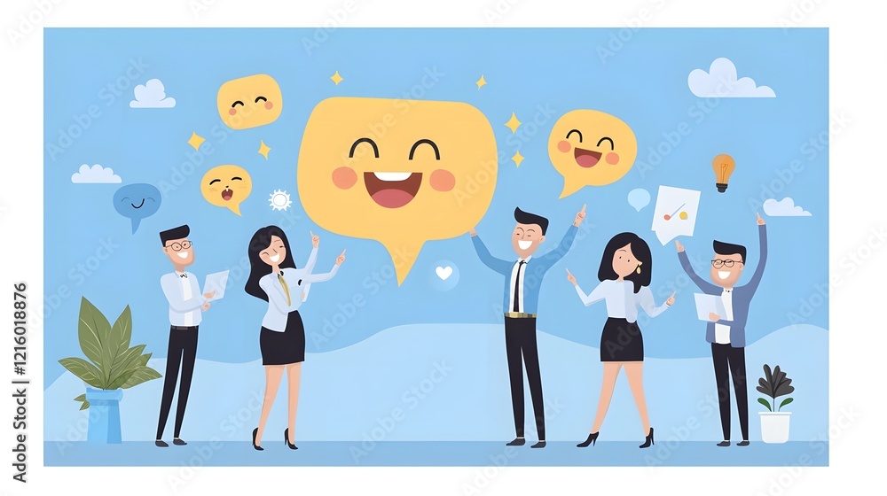 Aufkleber the image depicts a group of coworkers or colleagues enthusiastically celebrating the positive resul