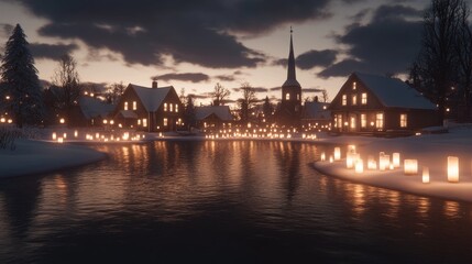 Fototapeta premium Winter Village Sunset with Illuminated Candles