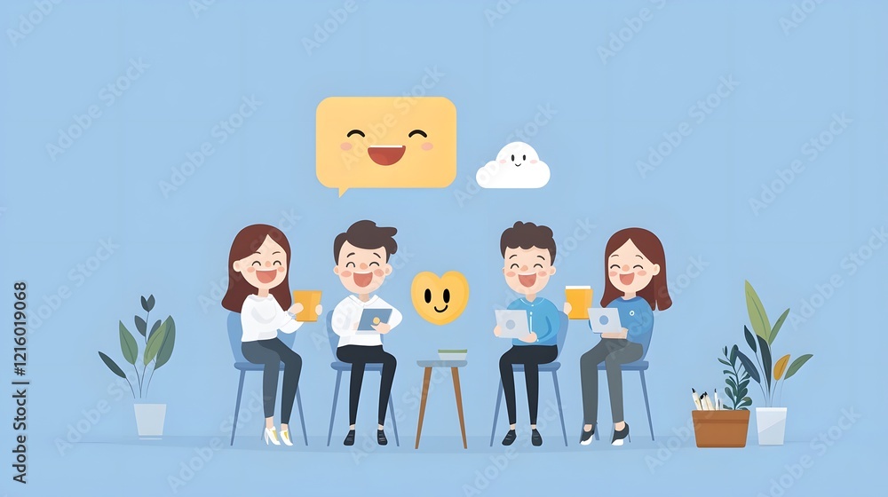 Aufkleber Cheerful and Engaged Workplace Team Collaborating and Discussing During a Company Performance Review Session in a Modern Office Environment