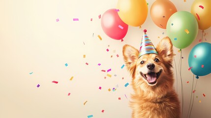 Happy dog with party hat and colorful balloons celebrating a special occasion or birthday