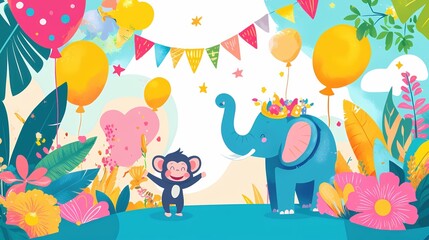 Cheerful celebration with festive decorations and cute animals in a colorful jungle setting