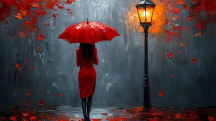 Red dress woman, red umbrella, autumn rain, city street, romantic art