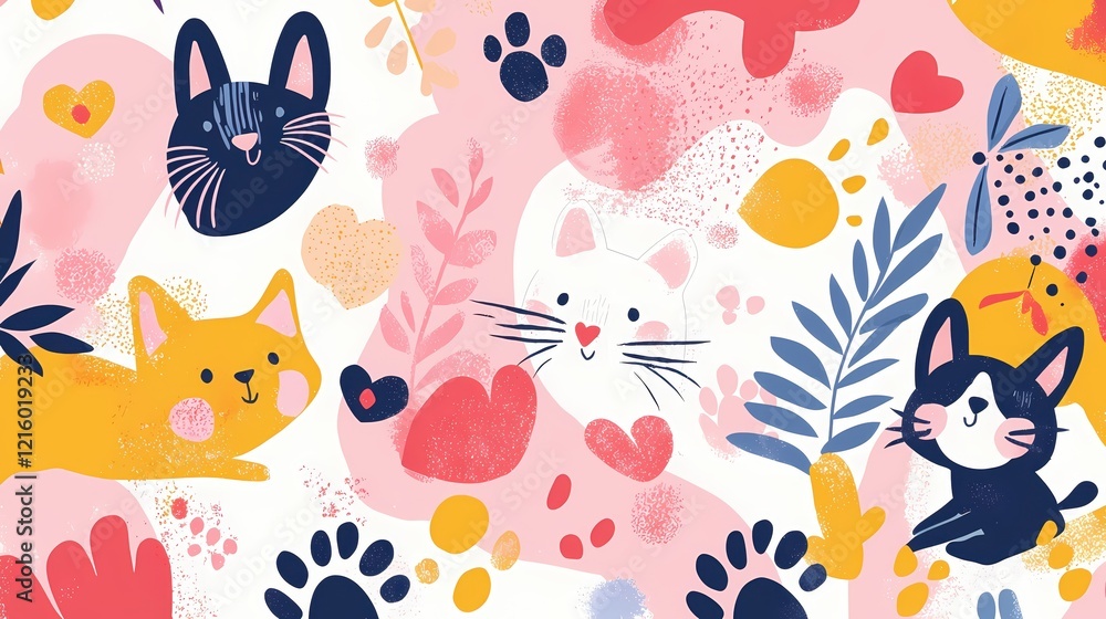 Poster playful cats and abstract shapes create a whimsical pattern with a fun and colorful design