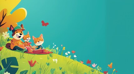 Fototapeta premium Cartoon dog and cats having a picnic on a grassy hill with flowers and a butterfly in the sky