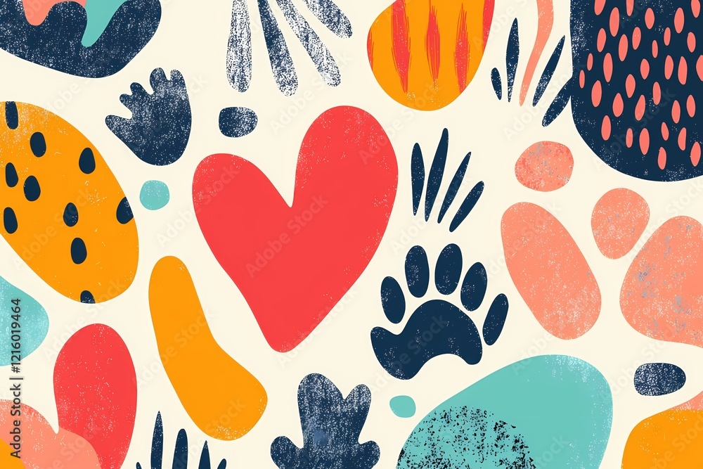 Poster abstract shapes pattern with heart and paw print in vibrant colors on a light background