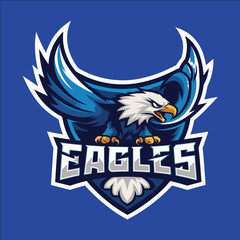 Eagles logo with an eagle on it. The eagle is flying and the logo is blue and white
