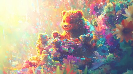 Colorful bears having a tea party surrounded by flowers in a bright and dreamy setting