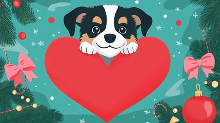 Puppy with heart shape and christmas decorations on a festive teal background with snowflakes