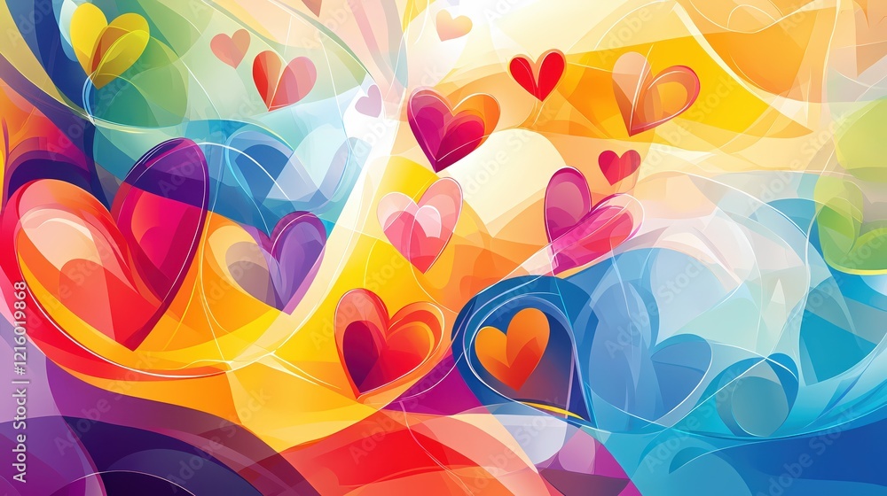 Poster abstract colorful hearts floating on a vibrant background with fluid shapes and light accents