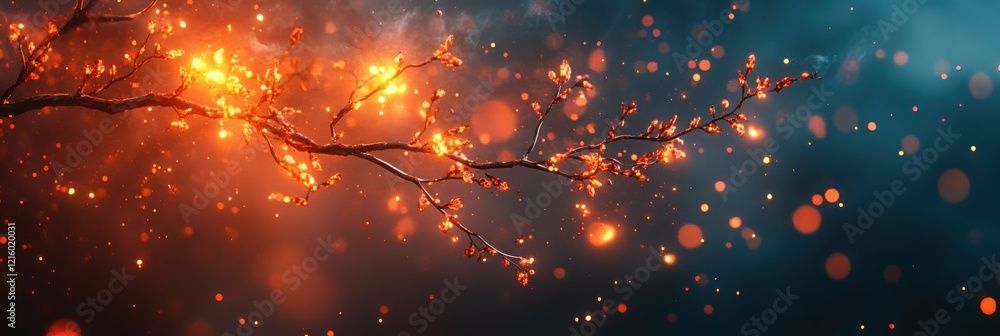 Poster a mesmerizing blend of glowing orbs and branches against a dark background, creating a magical, ethe