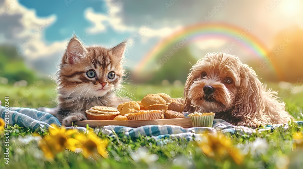 Poster kitten and puppy enjoying a picnic in a sunny field with a rainbow in the background