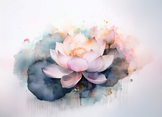 A delicate watercolor painting of a lotus flower in bloom,  with soft pastel colors and a subtle, painterly background.