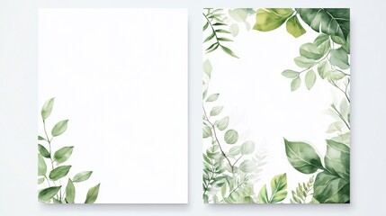 Two watercolor green leaf designs; one blank, one framed.