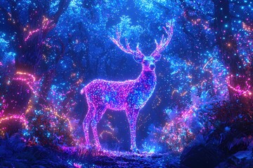 Glowing deer in a magical forest with bright lights and deep blue hues in a fantasy scene