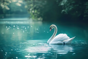 Obraz premium White swan swimming gracefully in a teal lake with soft bokeh and gentle ripples on the water