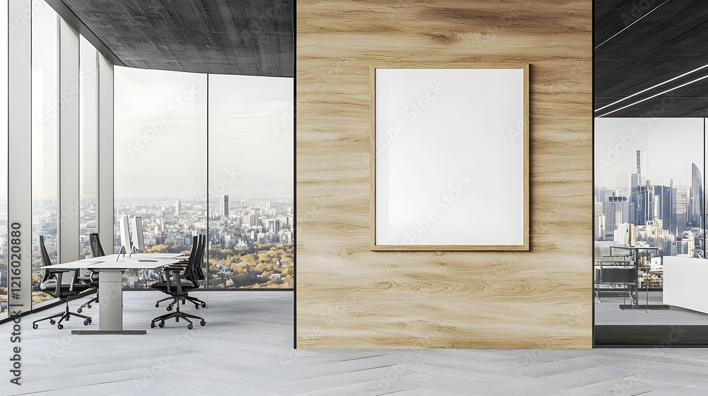 Poster sleek wooden office wall with panoramic city skyline view 3d rendering of empty poster frame and flo