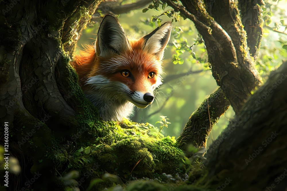 Poster fox peeking through mossy tree branches in a lush forest with sunlight filtering through