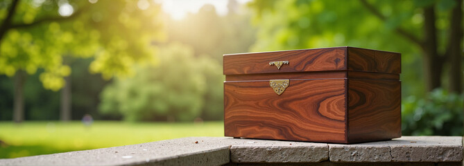 Wooden pet funeral box against a tranquil green background