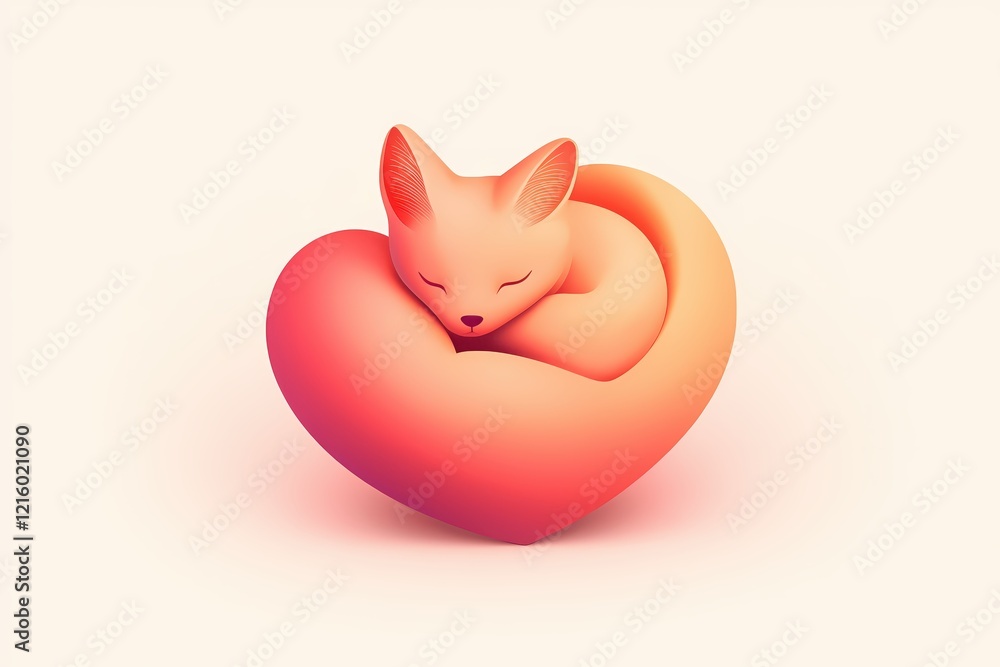 Poster sleeping fox curled in a heart shape with soft gradient colors on a light background