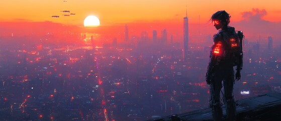 Fototapeta premium Futuristic skyline at sunset with lone figure overlooking