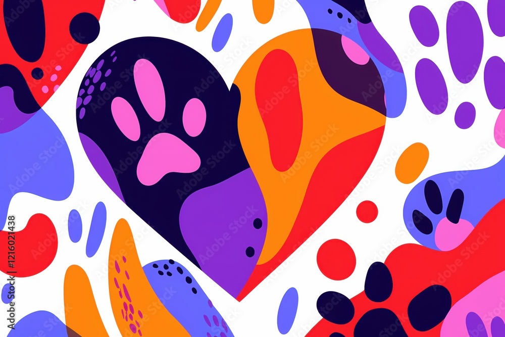 Poster abstract heart with paw print design in vibrant colors on white background playful style