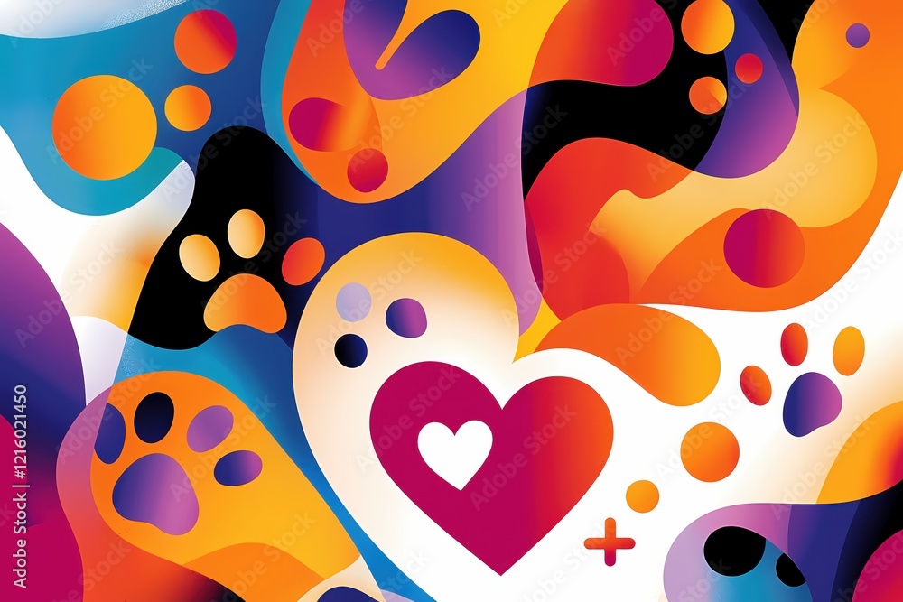 Aufkleber abstract colorful design with flowing shapes and heart and paw print elements in bright tones
