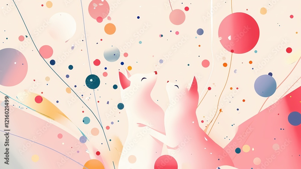 Poster two stylized cats look up at colorful circles and lines in a soft pastel abstract scene