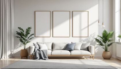 a white sofa with three blank picture frames hanging above it, two potted plants on either side, and a gray rug on the floor. Cozy modern living room with photo frame design