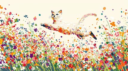 Playful cat leaps over colorful field of abstract flowers in artistic digital painting