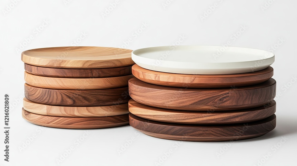 Aufkleber stack of wooden and ceramic serving plates displayed generative ai