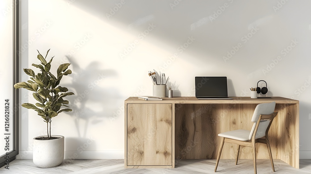 Poster stylish minimal office interior featuring a wooden desk setup with laptop and accessories against a 