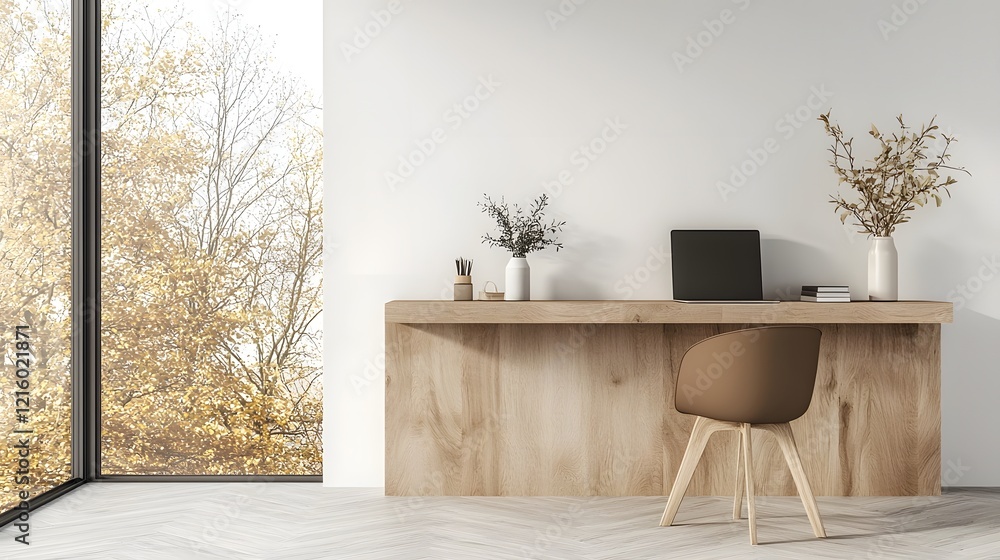 Poster Sleek and minimalist wooden desk set up in a bright  functional office workspace featuring a blank wall backdrop and ample natural lighting streaming in  creating a clean  contemporary