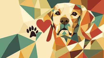 Geometric golden retriever with red heart and paw print on abstract polygonal background