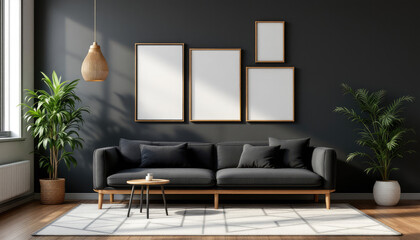 a gray sofa with black pillows, a wooden coffee table, and three empty picture frames on the wall above the sofa. Cozy modern living room with photo frame design