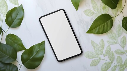 Smartphone mockup with blank screen surrounded by green leaves on marble background.
