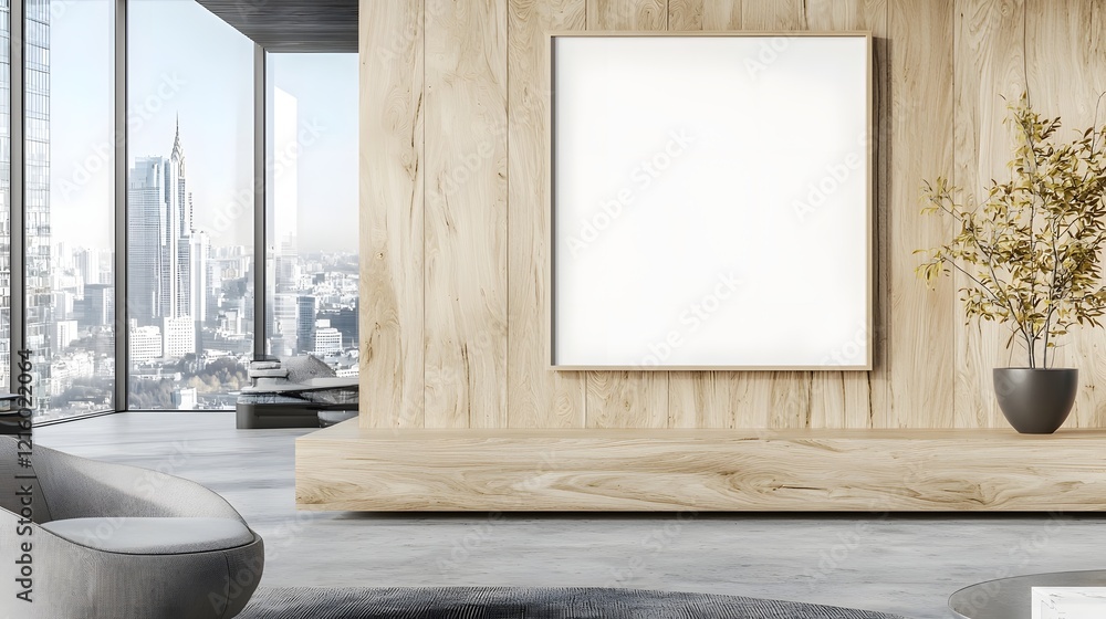 Poster minimalist and modern office interior design with a blank poster frame on a wooden panel wall showca