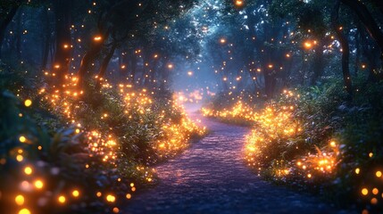 Enchanted forest pathway illuminated by glowing orbs