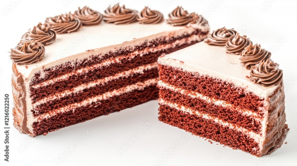 Poster slices of red velvet sponge cake on a solid background generative ai