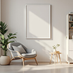 a gray armchair with a white pillow, a small wooden side table with a vase of greenery, and a large potted plant. Cozy modern living room with photo frame design