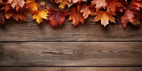 Obraz premium Autumnal leaves on wooden surface, ideal for seasonal backgrounds and textured autumn motifs 