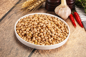 Dry chickpea seeds heap in the bowl