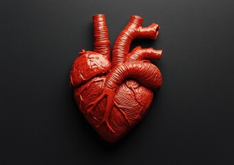 Anatomical heart model on a plain black background, showcasing the organ's detailed structure