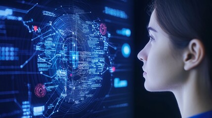 Fototapeta premium Woman Observing Complex Data Visualization Screen