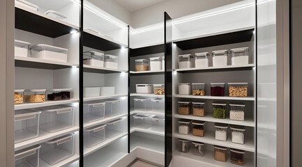 A sleek, modern pantry with organized shelves, featuring clear storage containers and ambient lighting for a tidy, functional space.